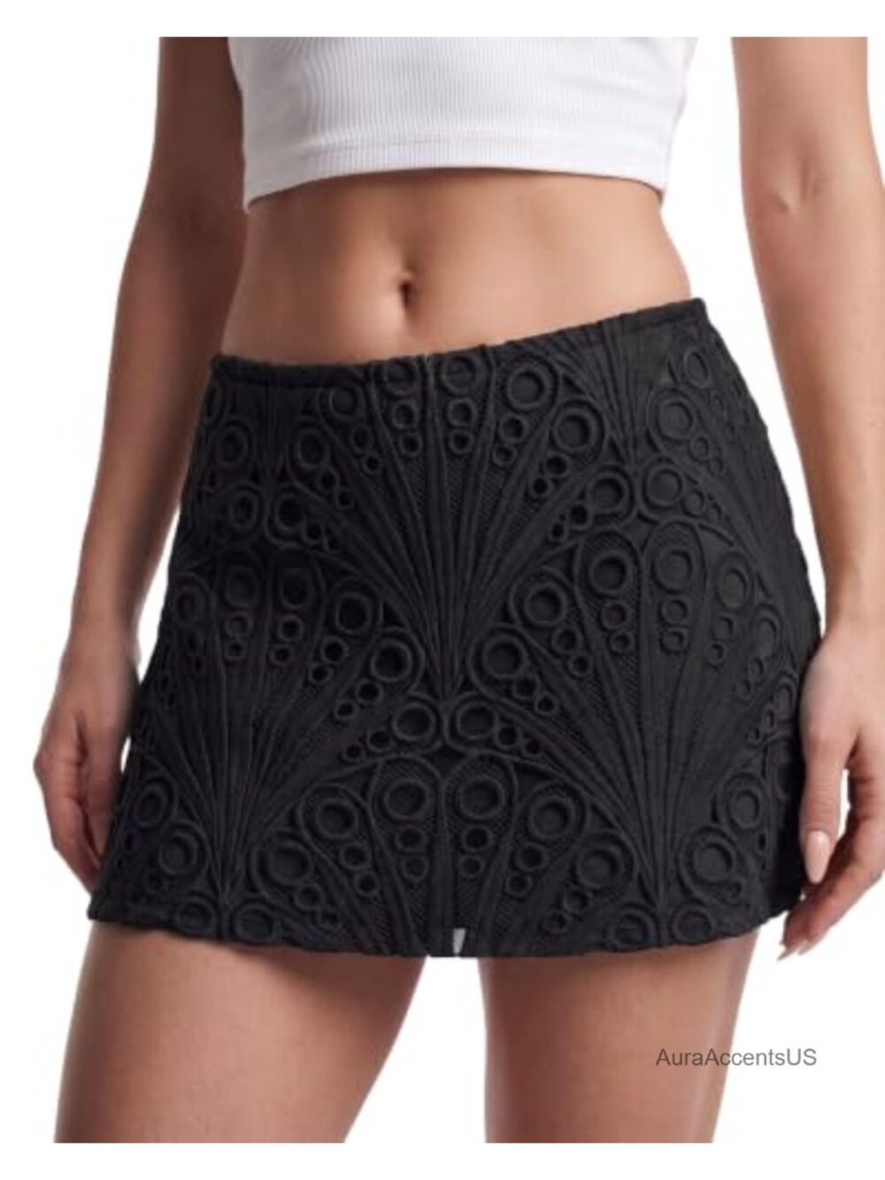 Lace Mini Skirt Mid-Low Waisted A-Line Eyelet Floral Summer